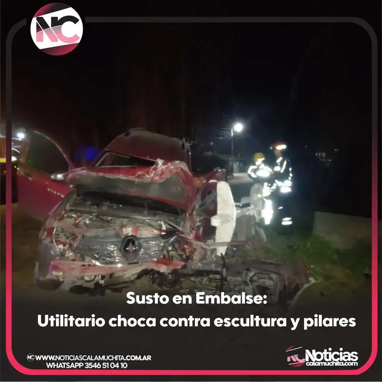 Susto en Embalse  Utilitario choca contra escultura y pilares