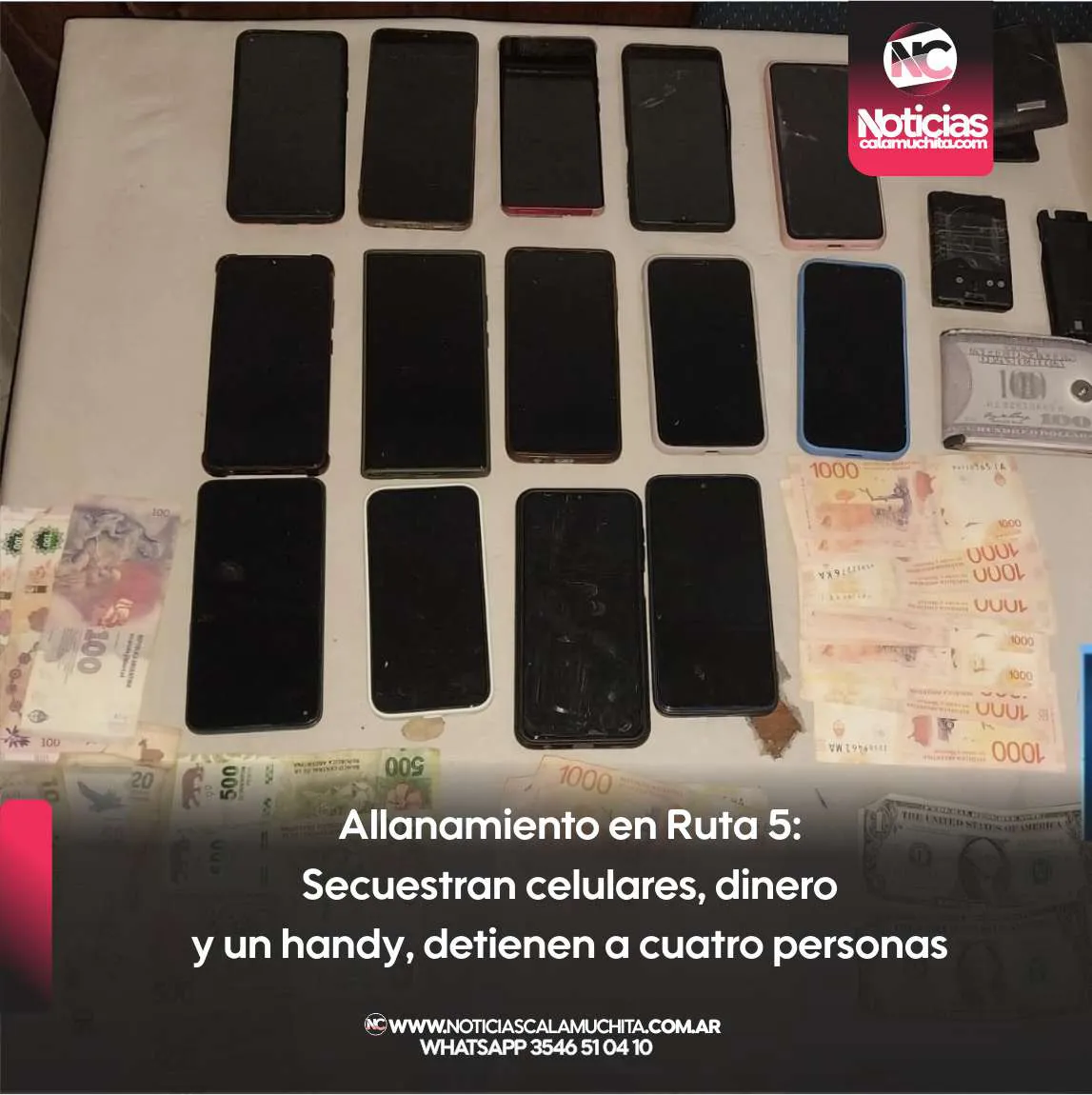 Allanamiento en Ruta 5 Secuestran celulares, dinero y un handy, detienen a cuatro personas