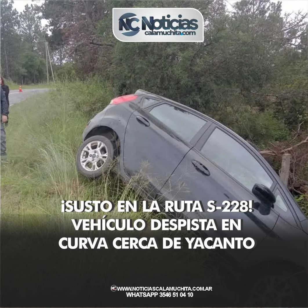 ¡Susto en la Ruta S-228! Vehículo despista en curva cerca de Yacanto